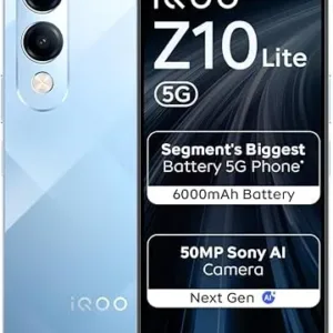 iQOO Z10 Lite 5G (Titanium Blue, 4GB RAM, 128GB Storage) | 6000 mAh Battery | Dimensity 6300 5G Processor with 433K+* AnTuTu Score | IP64 Rated & Military Grade Shock-Resistance*