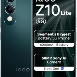 iQOO Z10 Lite 5G (Cyber Green, 4GB RAM, 128GB Storage) | 6000 mAh Battery | Dimensity 6300 5G Processor with 433K+* AnTuTu Score | IP64 Rated & Military Grade Shock-Resistance*