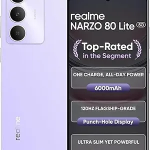 realme NARZO 80 Lite 5G (Crystal Purple, 6GB+128GB) | 6000mAh Long-Lasting Battery | MediaTek Dimensity 6300 5G | AI Assist | IP64 Rated Water & Dust Resistance | Military-Grade Durability