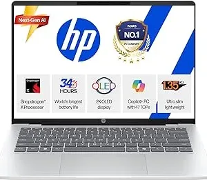 HP OmniBook 5 OLED (Previously Pavilion), Snapdragon X Processor (16GB LPDDR5x, 512GB SSD) 2K, 14''/35.6cm, Win11, M365 Basic(1yr)* Office24, Silver, 1.35kg, he0014QU, Light-Weight, Next-Gen AI Laptop
