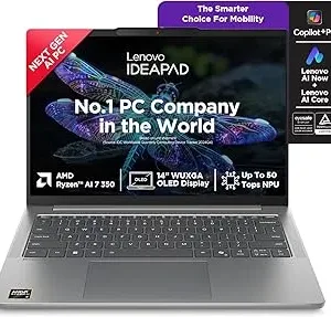 Lenovo IdeaPad Slim 5 AMD Ryzen AI 7 350, Copilot+ AI PC(24GB RAM/1TB SSD/14(35.5cm) WUXGA OLED/AI Now/50TOPS/Win 11/Office Home 2024/Backlit Keyboard/1Yr ADP Free/Grey/1.4Kg), 83HX001NIN AI Laptop