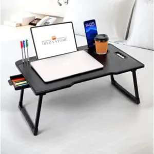 DIVIJA STORE Wood Smart Multipurpose Foldable Laptop Table with Cup Holder, Study Table, Bed Table, Breakfast Table, Foldable and Portable/Ergonomic & Rounded Edges/Non-Slip Legs (Black), 59 cm, 8 cm