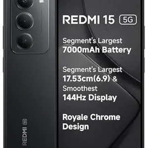 Redmi 15 5G Midnight Black 6GB + 128GB | Segment's Largest 7000mAhA Battery | Segment's Largest Display 17.53cm(6.9) Up to 144Hz | Snapdragon 6s Gen 3 | 18W Reverse Charging | 50MP AI Dual Camera
